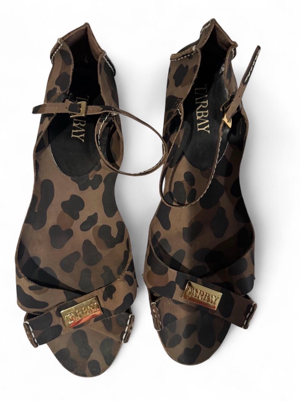 Array Brown Leopard-Print Ankle-Strap Sandals with Gold Plaque